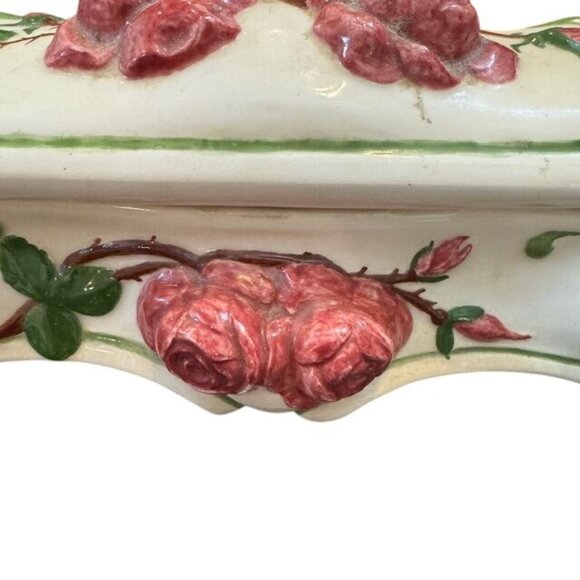 Hand-Painted Ceramic Jewelry Trinket Box With Pink Roses & Green Vines Design - Picture 9 of 12